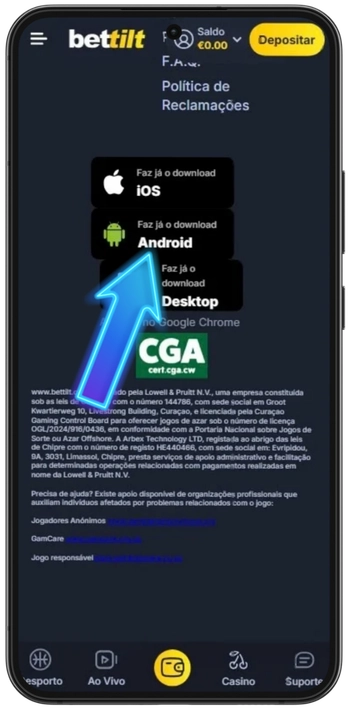 Ícone Android na página de instalação da Bettilt
