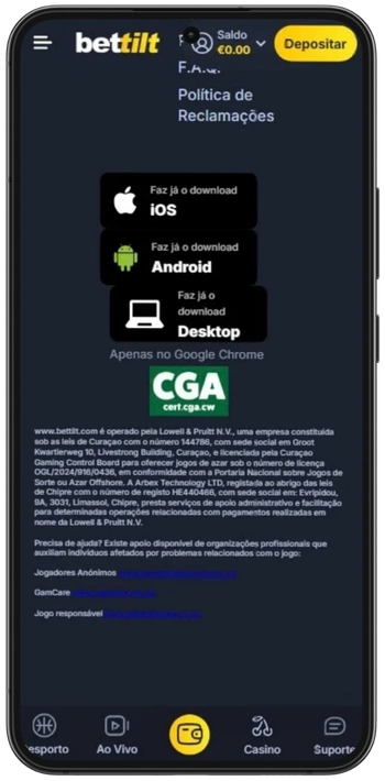 Secção de download da Bettilt app no rodapé do site
