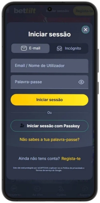 Página de login e registo da Bettilt no Android