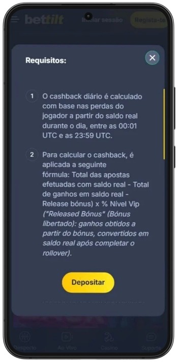 Efetuar depósito e completar rollover na Bettilt