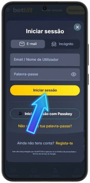 Botão amarelo Iniciar Sessão para confirmar o acesso na Bettilt
