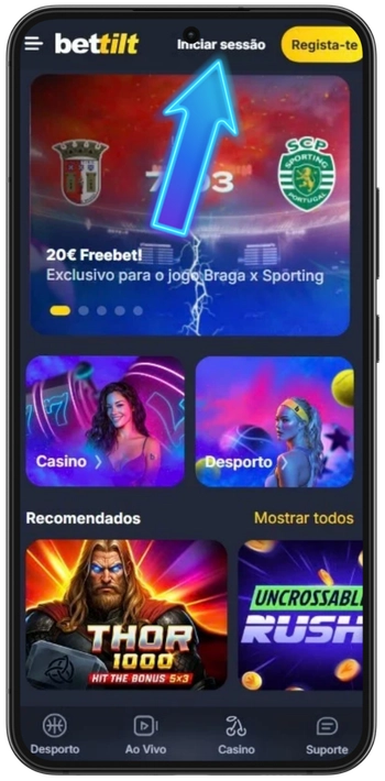 Botão Iniciar Sessão no site da Bettilt