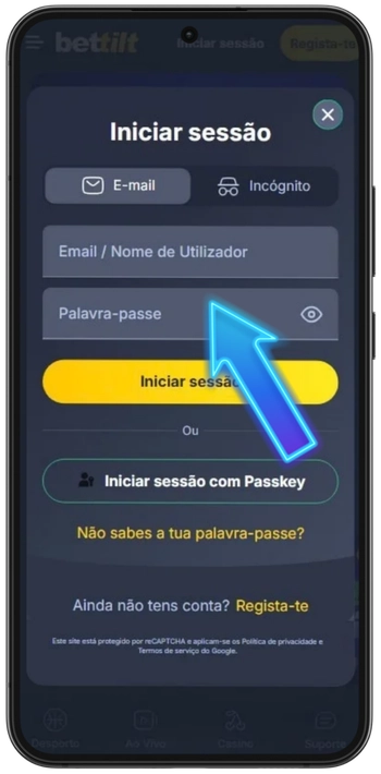 Formulário de login da Bettilt com campos de e-mail e palavra-passe