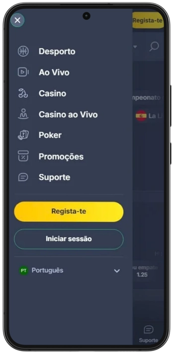 Menu de navegação da Bettilt app no telemóvel