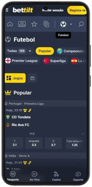 Secção de desportos na aplicação Bettilt