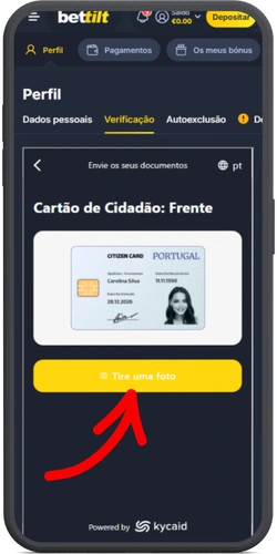 Envio do Cartão de Cidadão frente para verificação de identidade BetTilt