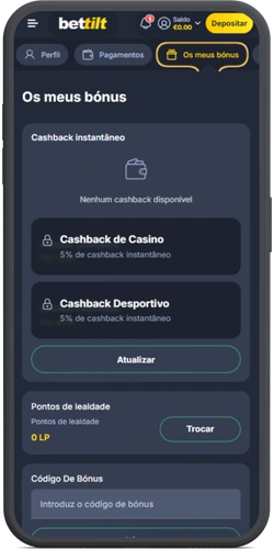 Secção Os meus bónus BetTilt - campo Código De Bónus para inserir o código promocional