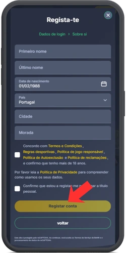 Formulário de registo BetTilt - dados pessoais, termos e condições e botão Registar conta