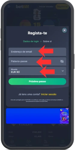 Formulário de registo BetTilt - campos de e-mail, palavra-passe e moeda EUR
