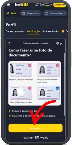 Verificação BetTilt - instruções para fotografar documento com todos os detalhes visíveis e sem brilhos