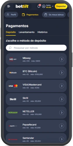 Secção de pagamentos BetTilt - métodos de depósito disponíveis incluindo Mbway, Bitcoin, VISA e Skrill