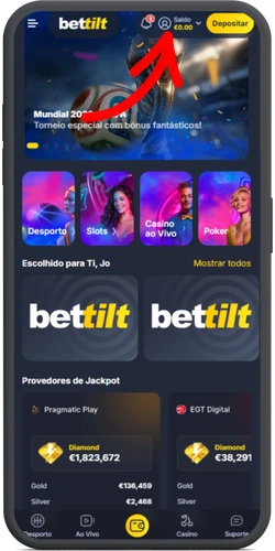 Página inicial BetTilt após registo - acesso ao perfil pessoal no canto superior direito