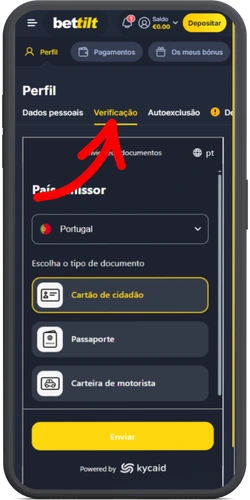 Separador Verificação no perfil BetTilt - seleção do tipo de documento para envio